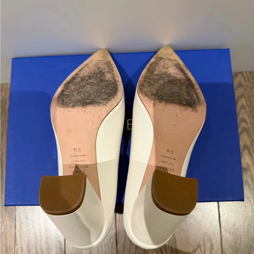 Stuart Weitzman Cream Pointed Toe Block Heel Pumps - Textured Leather - Picture 7 of 7